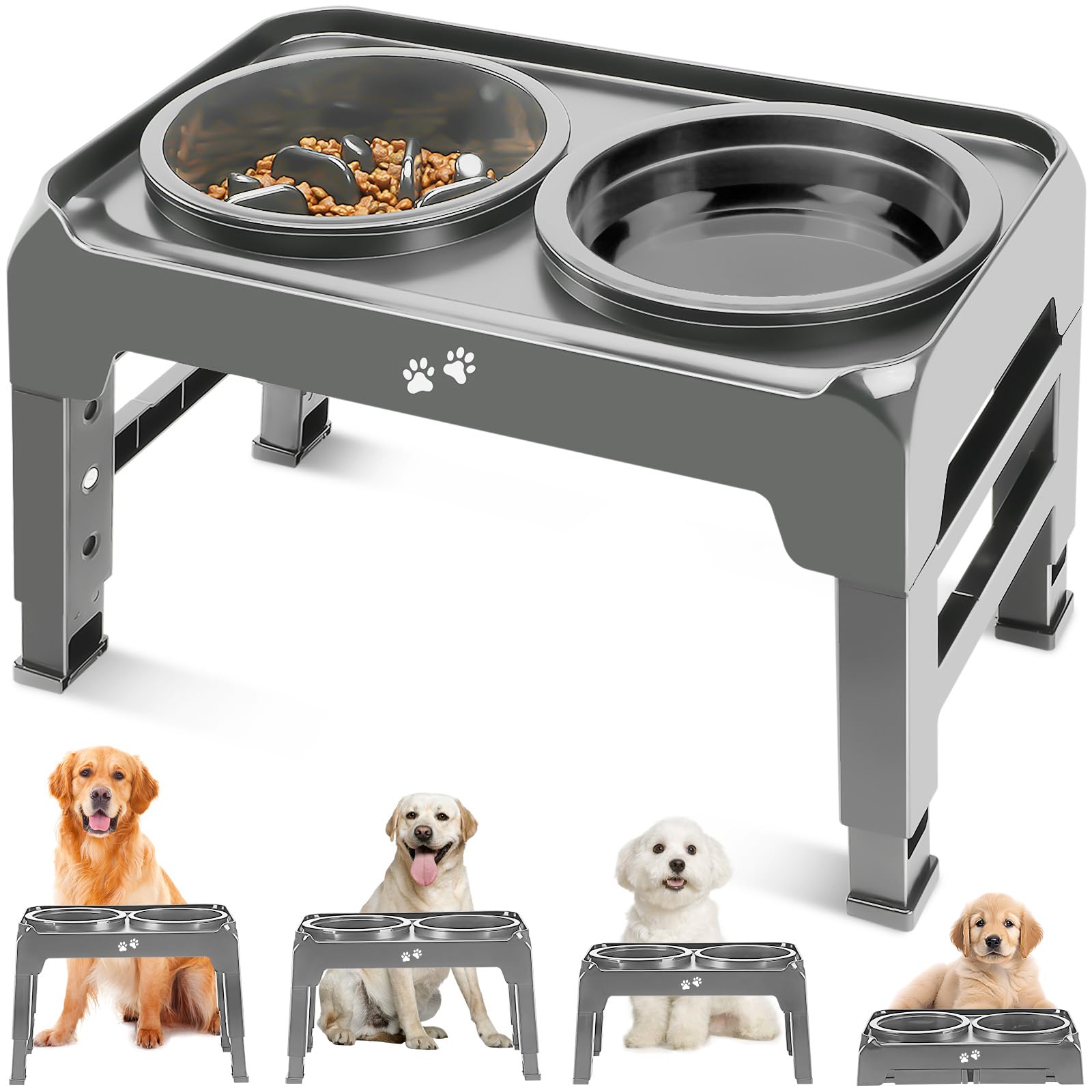 Elevated Dog Bowls 2-in-1 Dog Feeder with Slow Feeder Dog Bowls & Dog Water Bowl 4 Heights Adjustable Raised Dog Bowl Stand Non-Slip Dog Food Bowl for Medium Large Dogs Grey